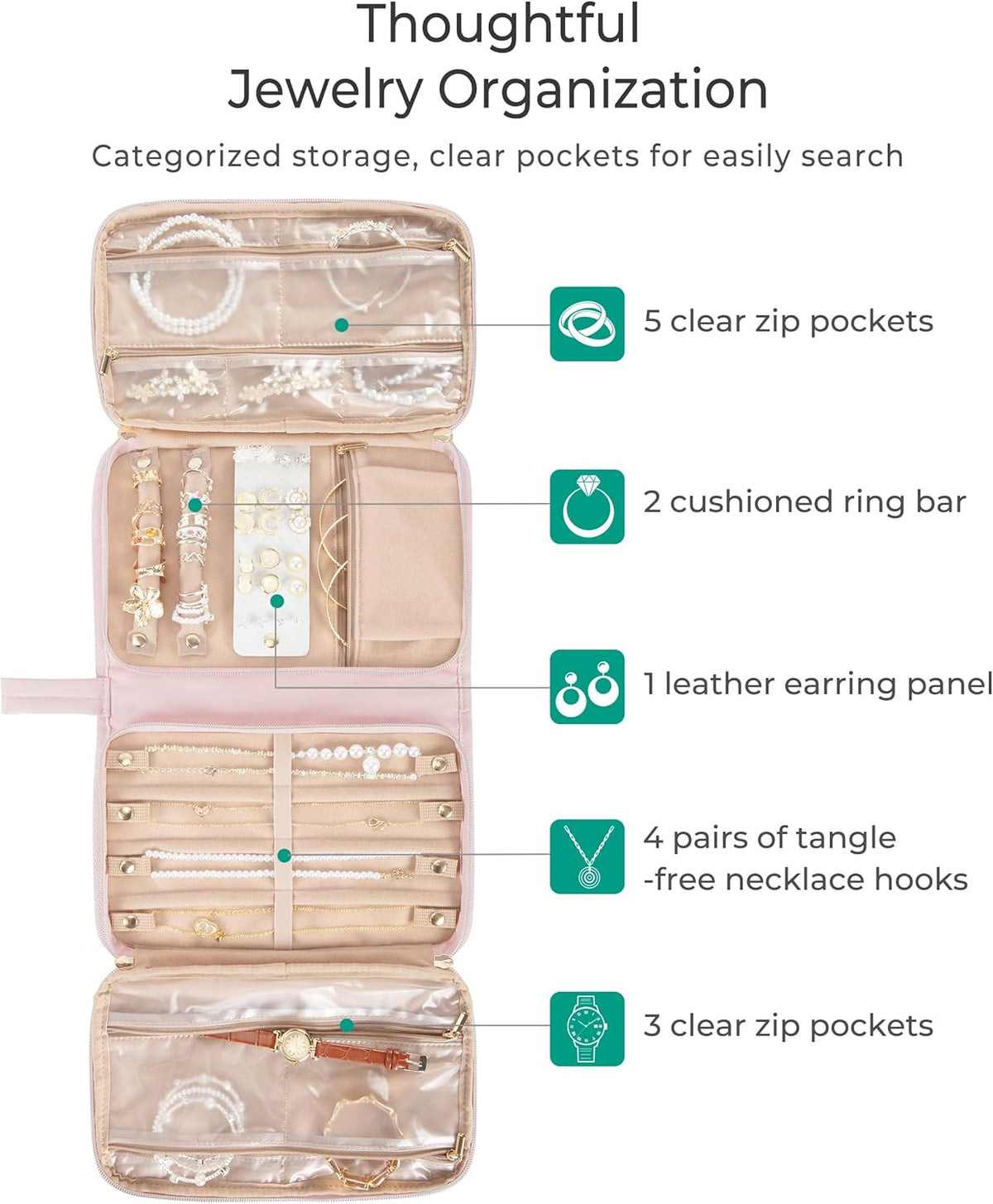 Travel Jewelry Case Organizer with Zipper, Foldable Jewelry Bag for Earrings, Rings, Necklaces, Bracelets, Brooches, Pink