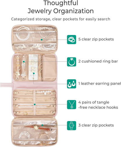 Travel Jewelry Case Organizer with Zipper, Foldable Jewelry Bag for Earrings, Rings, Necklaces, Bracelets, Brooches, Pink
