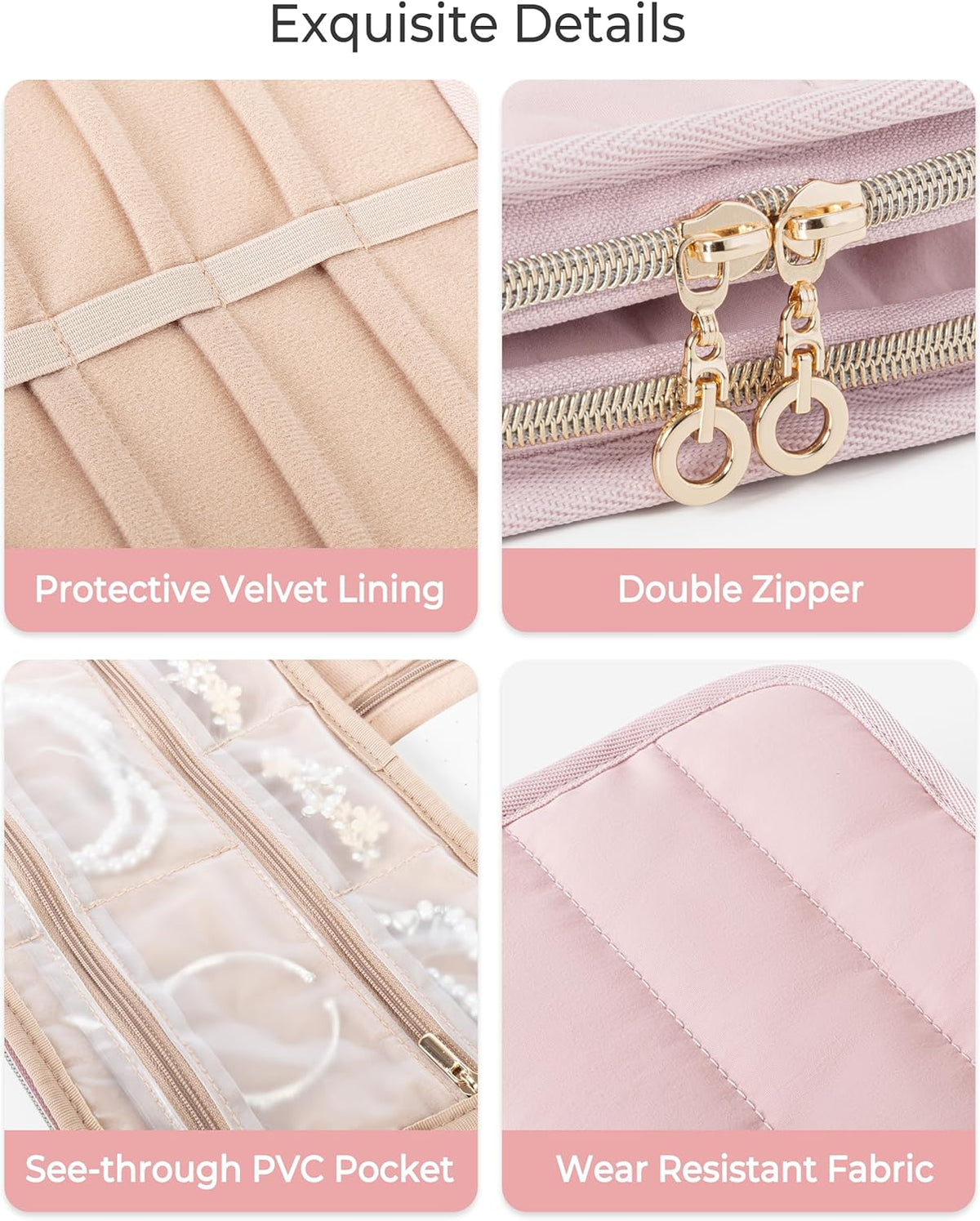 Travel Jewelry Case Organizer with Zipper, Foldable Jewelry Bag for Earrings, Rings, Necklaces, Bracelets, Brooches, Pink