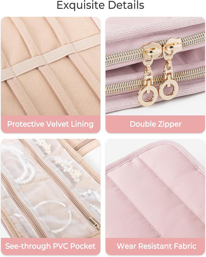 Travel Jewelry Case Organizer with Zipper, Foldable Jewelry Bag for Earrings, Rings, Necklaces, Bracelets, Brooches, Pink