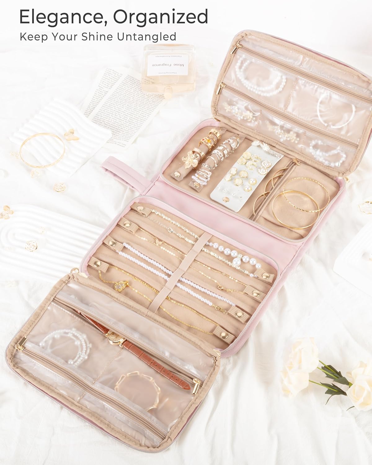 Travel Jewelry Case Organizer with Zipper, Foldable Jewelry Bag for Earrings, Rings, Necklaces, Bracelets, Brooches, Pink