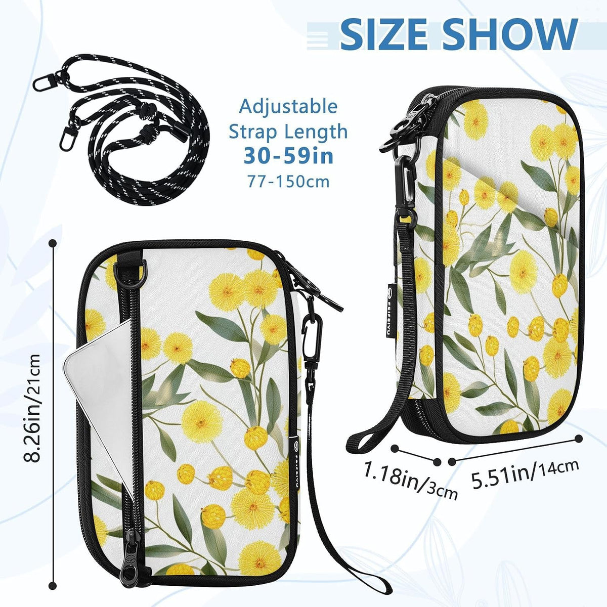 Travel Document Organizer 21×14×3 CM | Scratch Resistant Polyester Multi Pockets Multi-Way Carry for Men Women Vacation Golden Wattle Print