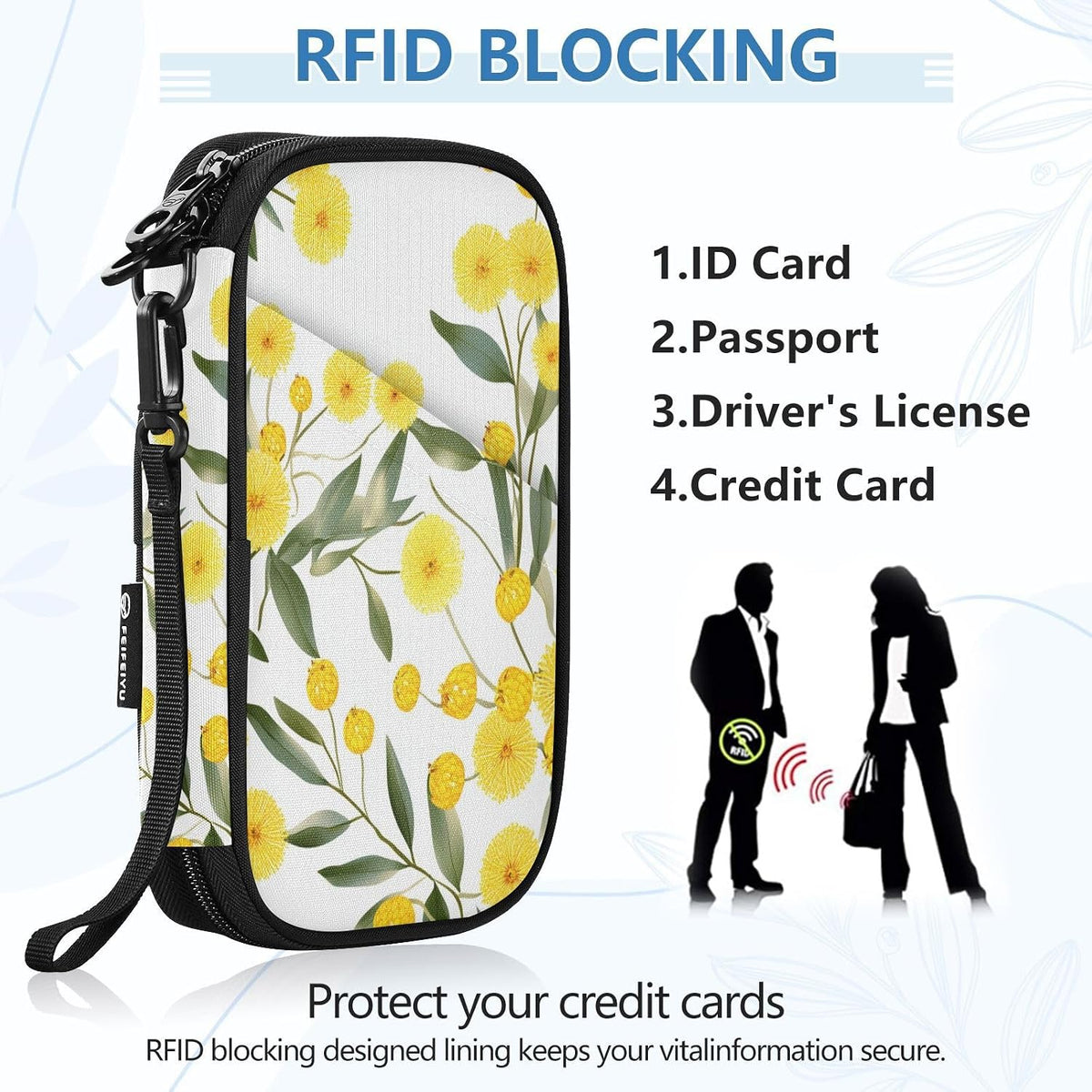 Travel Document Organizer 21×14×3 CM | Scratch Resistant Polyester Multi Pockets Multi-Way Carry for Men Women Vacation Golden Wattle Print