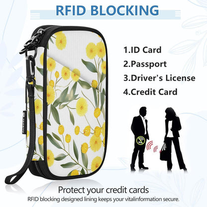 Travel Document Organizer 21×14×3 CM | Scratch Resistant Polyester Multi Pockets Multi-Way Carry for Men Women Vacation Golden Wattle Print