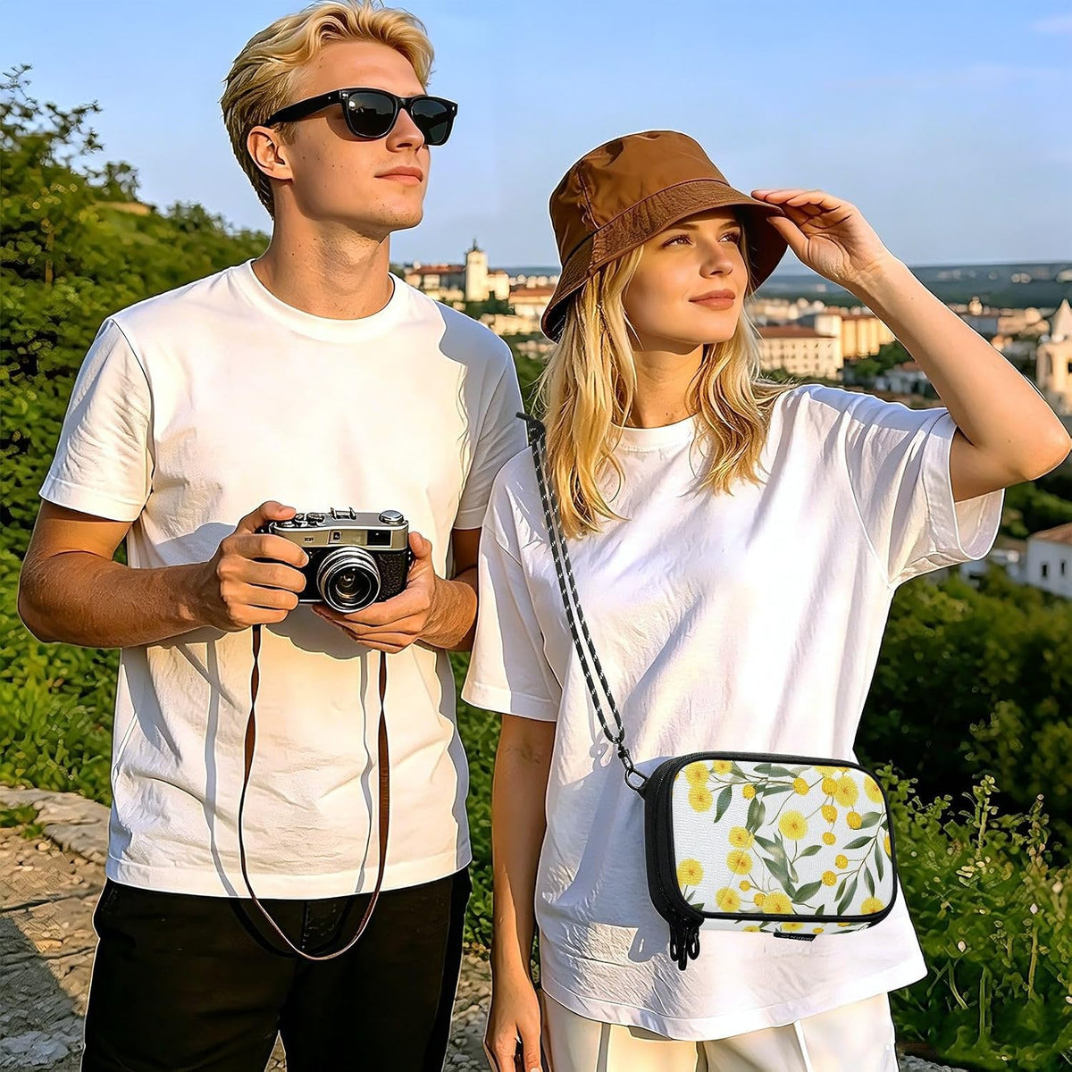 Travel Document Organizer 21×14×3 CM | Scratch Resistant Polyester Multi Pockets Multi-Way Carry for Men Women Vacation Golden Wattle Print