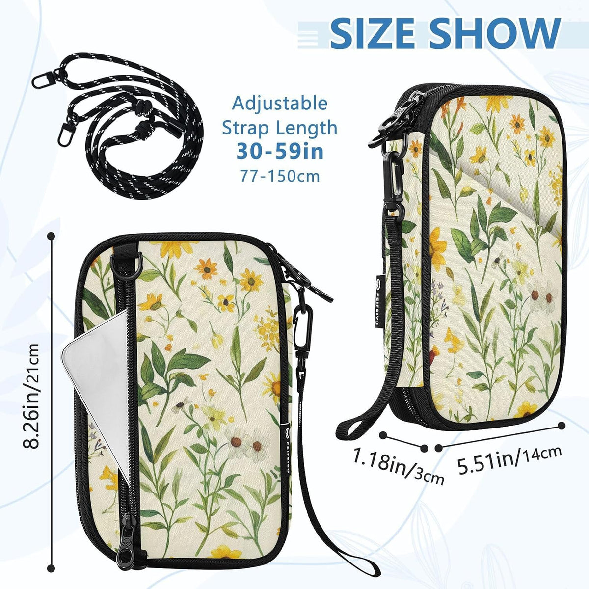 Travel Document Organizer 21×14×3 CM | Scratch Resistant Polyester Multi Pockets Multi-Way Carry for Men Women Vacation Golden Wattle Print
