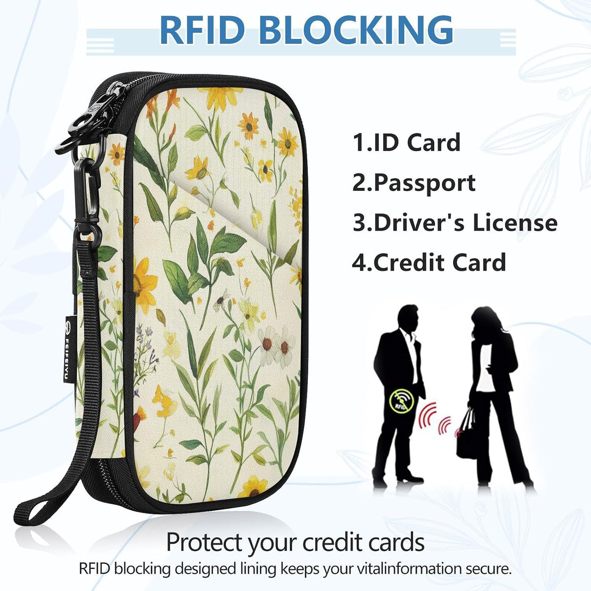 Travel Document Organizer 21×14×3 CM | Scratch Resistant Polyester Multi Pockets Multi-Way Carry for Men Women Vacation Golden Wattle Print