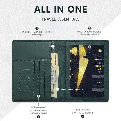 Genuine Leather RFID Blocking Slim Travel Passport Holder，green | Top-Grain Leather, RFID Blocking, Multi Slots (3+2 SD), Slim, Unisex Multi-Function Holder, Travel Sleeve