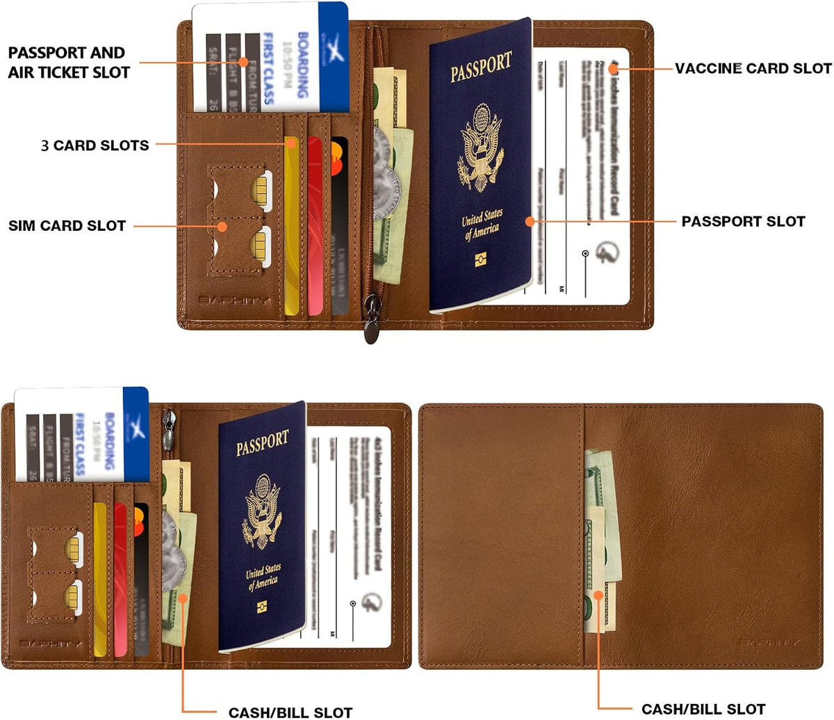 Genuine Leather RFID Blocking Slim Travel Passport Holder，green | Top-Grain Leather, RFID Blocking, Multi Slots (3+2 SD), Slim, Unisex Multi-Function Holder, Travel Sleeve