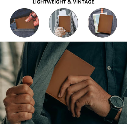 Genuine Leather RFID Blocking Slim Travel Passport Holder，green | Top-Grain Leather, RFID Blocking, Multi Slots (3+2 SD), Slim, Unisex Multi-Function Holder, Travel Sleeve