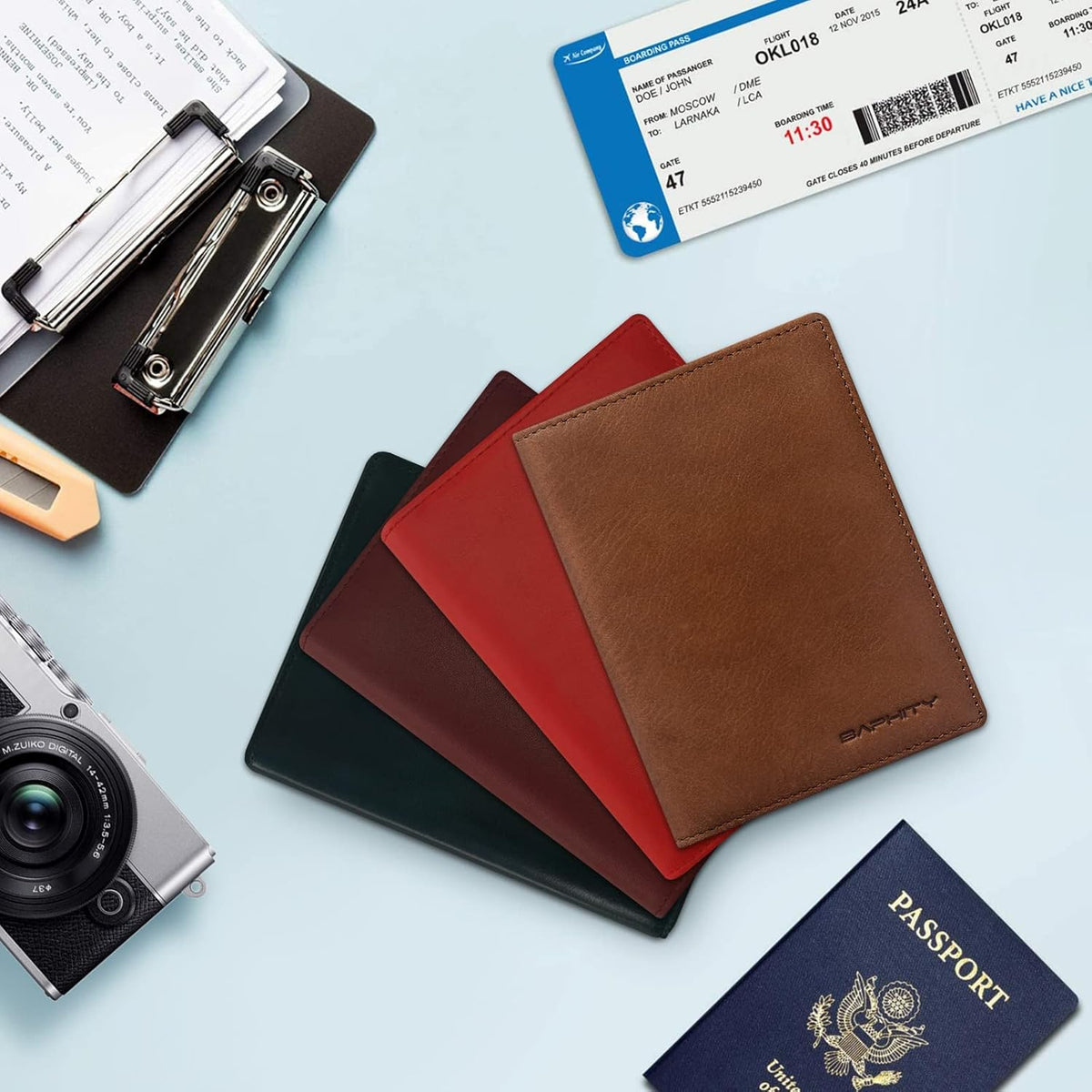 Genuine Leather RFID Blocking Slim Travel Passport Holder，green | Top-Grain Leather, RFID Blocking, Multi Slots (3+2 SD), Slim, Unisex Multi-Function Holder, Travel Sleeve