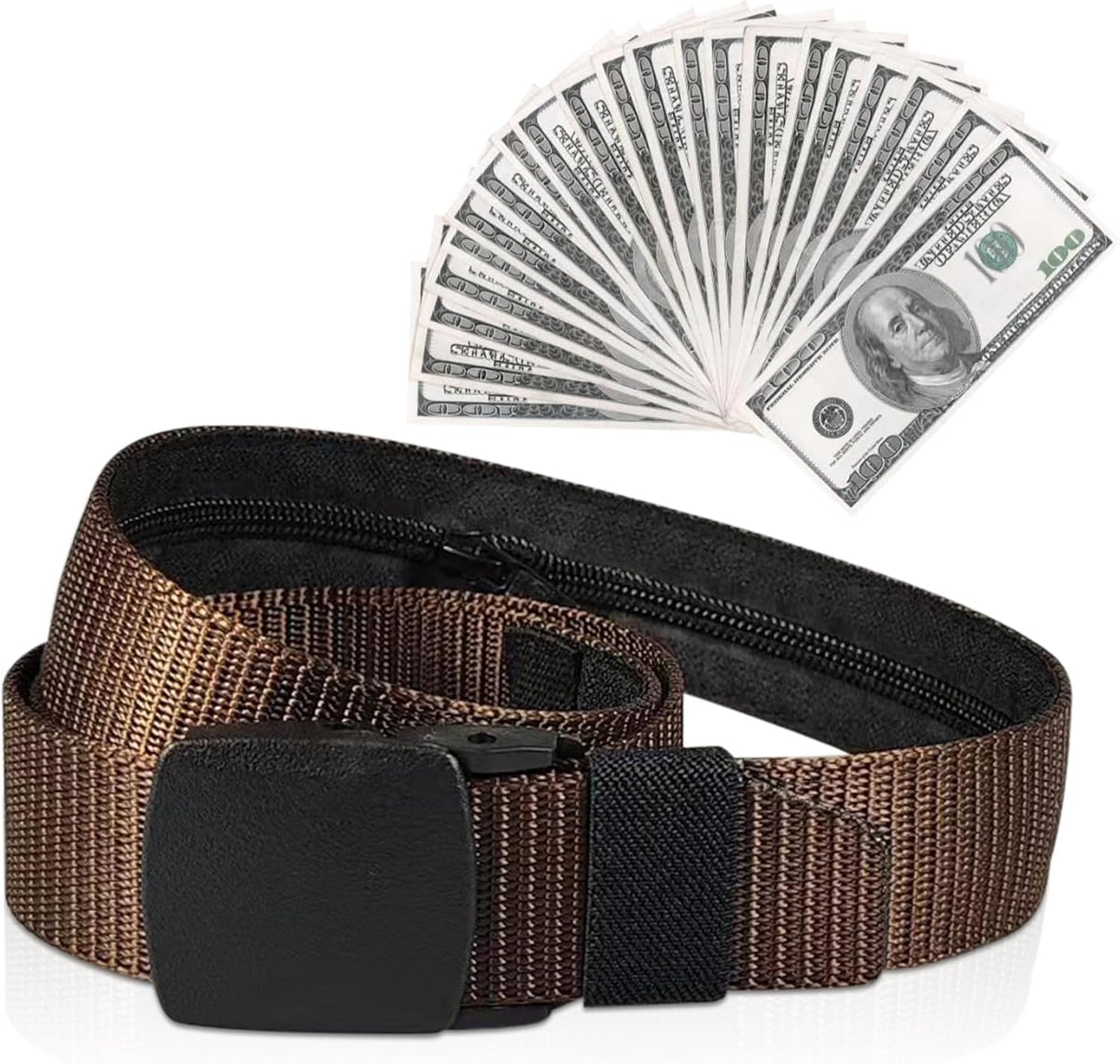 Security Money Belt with Hidden Money Pocket - Nylon Tactical Belt for Men & Women with Nonmetallic Buckle - Security Money Belt for Valuables, Cash, Passport - Cashsafe Anti-Theft Wallet, Large
