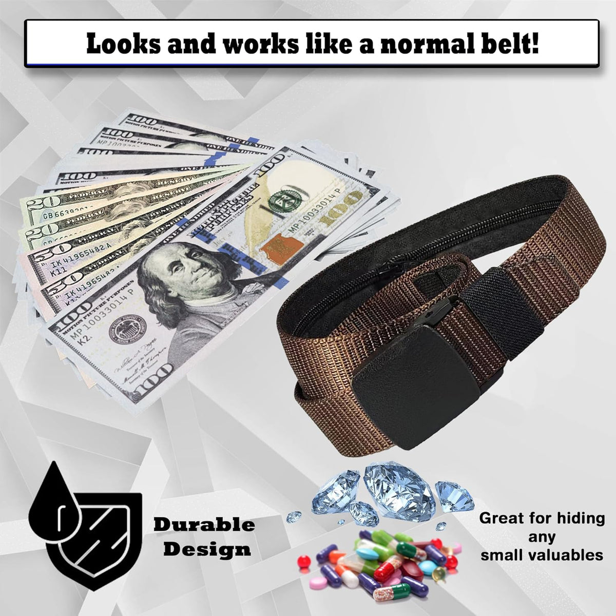 Security Money Belt with Hidden Money Pocket - Nylon Tactical Belt for Men & Women with Nonmetallic Buckle - Security Money Belt for Valuables, Cash, Passport - Cashsafe Anti-Theft Wallet, Large