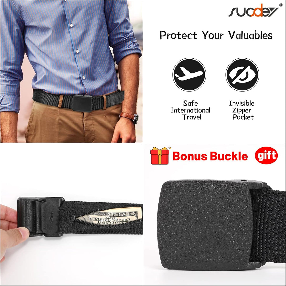 Travel Money Belt, Nylon Hidden Money Pocket Belt with Plastic Buckle