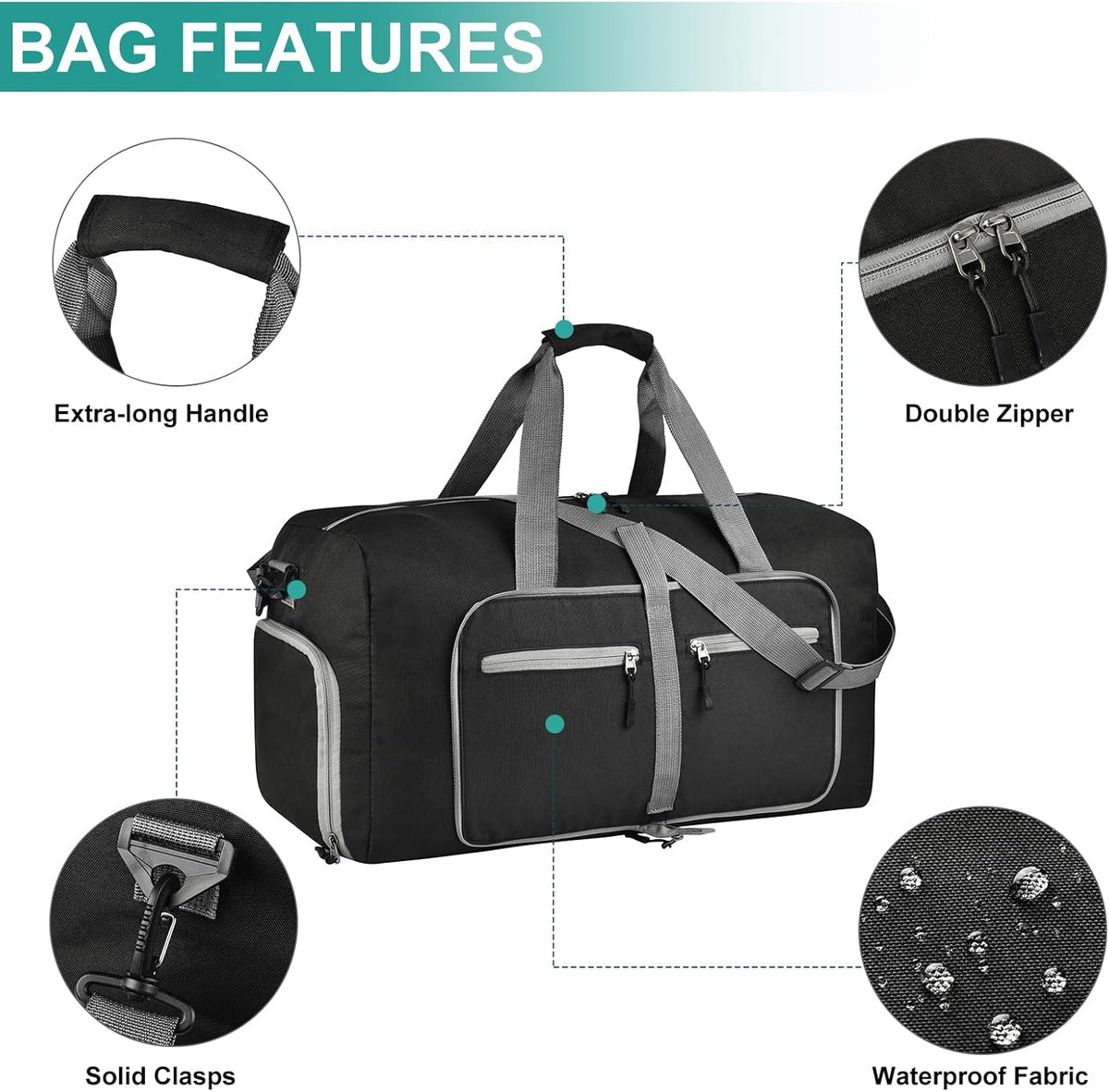 65L Travel Duffle Bag for Men Women - Foldable Duffel Bag with Shoes Compartment - Overnight Bags Waterproof & Tear Resistant(Black)