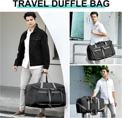 65L Travel Duffle Bag for Men Women - Foldable Duffel Bag with Shoes Compartment - Overnight Bags Waterproof & Tear Resistant(Black)