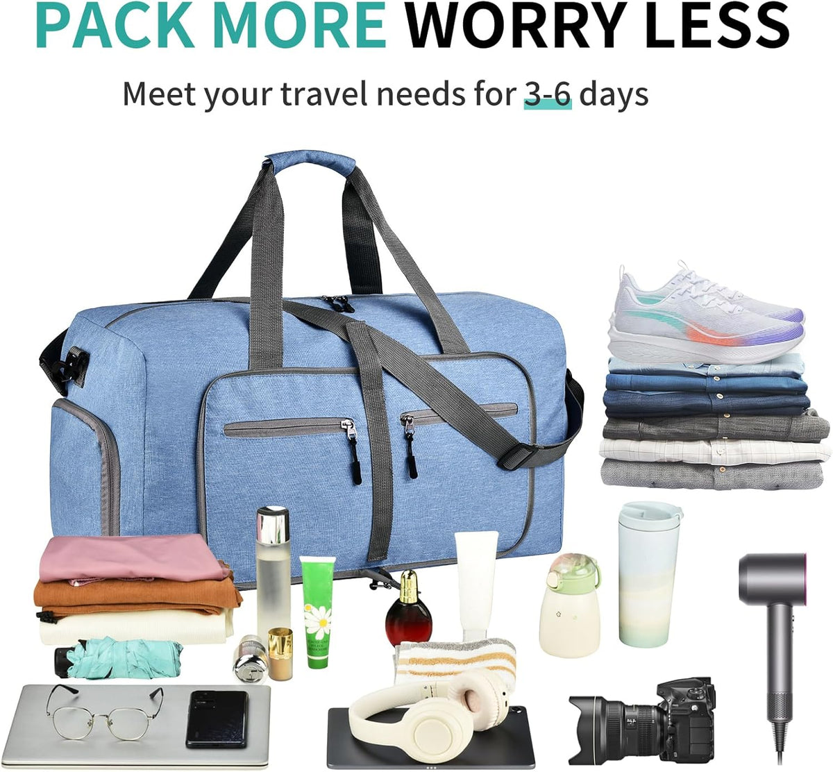 65L Travel Duffle Bag for Men Women - Foldable Duffel Bag with Shoes Compartment - Overnight Bags Waterproof & Tear Resistant(Black)