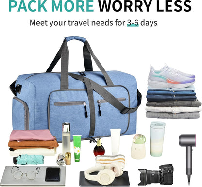65L Travel Duffle Bag for Men Women - Foldable Duffel Bag with Shoes Compartment - Overnight Bags Waterproof & Tear Resistant(Black)