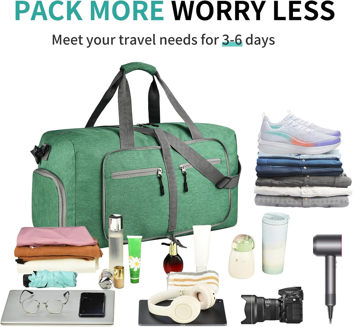 65L Travel Duffle Bag for Men Women - Foldable Duffel Bag with Shoes Compartment - Overnight Bags Waterproof & Tear Resistant(Black)