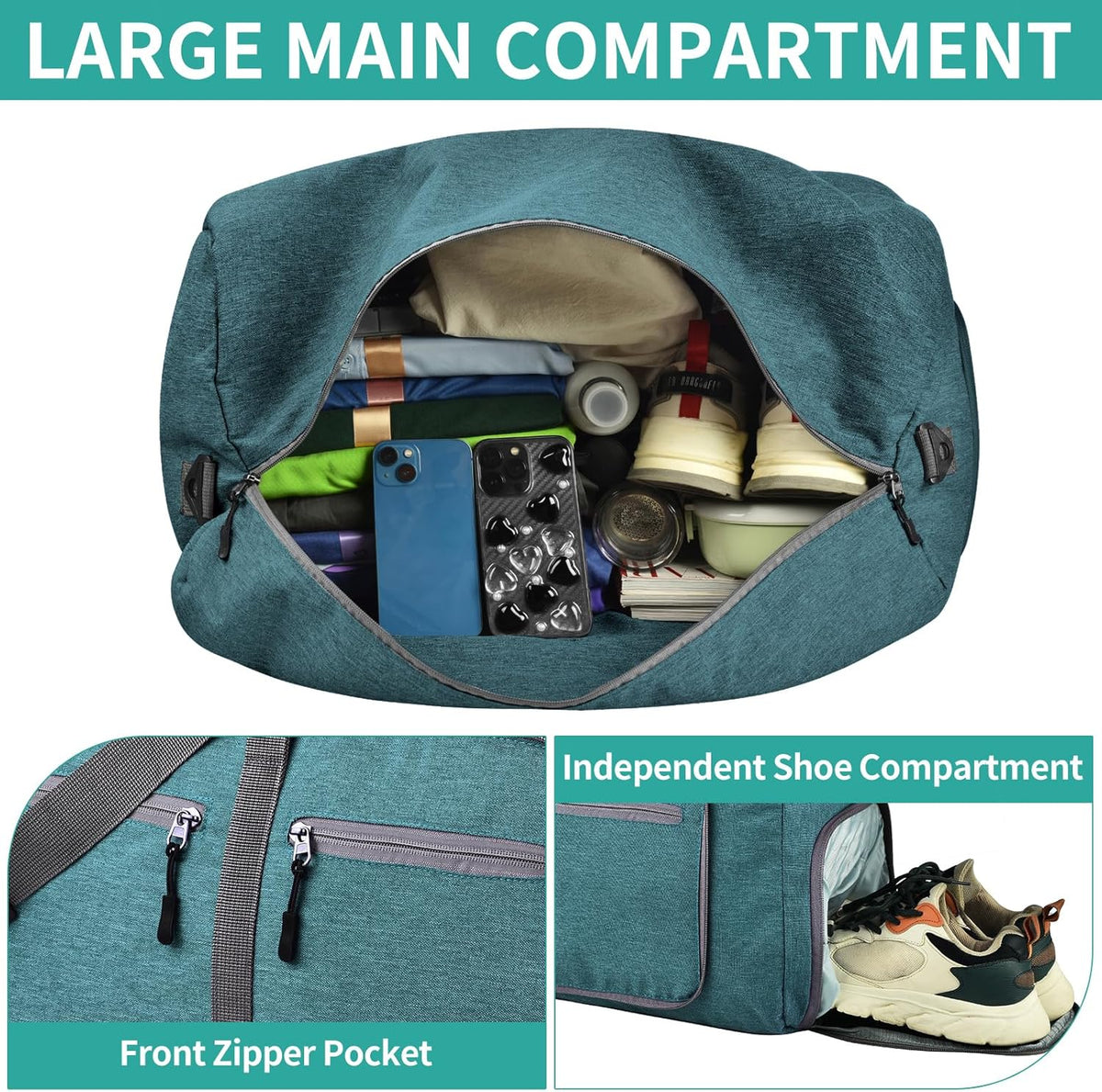 65L Travel Duffle Bag for Men Women - Foldable Duffel Bag with Shoes Compartment - Overnight Bags Waterproof & Tear Resistant(Black)