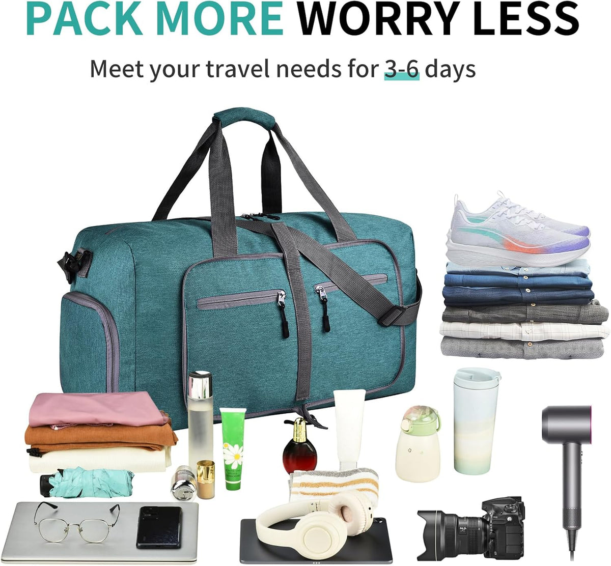 65L Travel Duffle Bag for Men Women - Foldable Duffel Bag with Shoes Compartment - Overnight Bags Waterproof & Tear Resistant(Black)