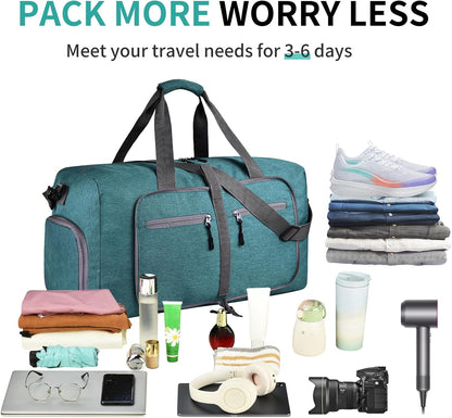 65L Travel Duffle Bag for Men Women - Foldable Duffel Bag with Shoes Compartment - Overnight Bags Waterproof & Tear Resistant(Black)
