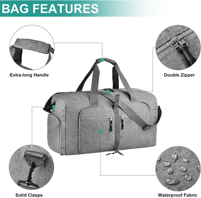65L Travel Duffle Bag for Men Women - Foldable Duffel Bag with Shoes Compartment - Overnight Bags Waterproof & Tear Resistant(Black)