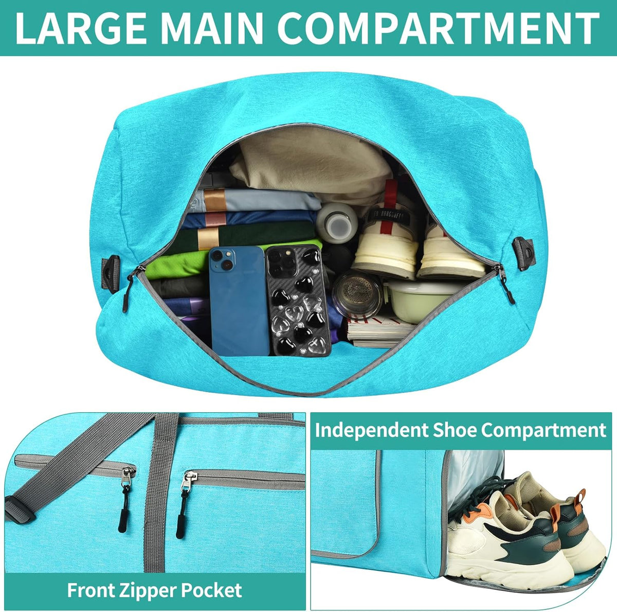 65L Travel Duffle Bag for Men Women - Foldable Duffel Bag with Shoes Compartment - Overnight Bags Waterproof & Tear Resistant(Black)