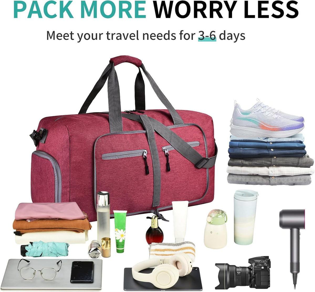 65L Travel Duffle Bag for Men Women - Foldable Duffel Bag with Shoes Compartment - Overnight Bags Waterproof & Tear Resistant(Black)
