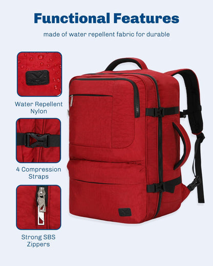 44L Carry on Backpack Airline Approved Travel Backpack for Men Women Large Laptop Backpack 17 inch Nylon Backpack Overnight Weekender Bag Red