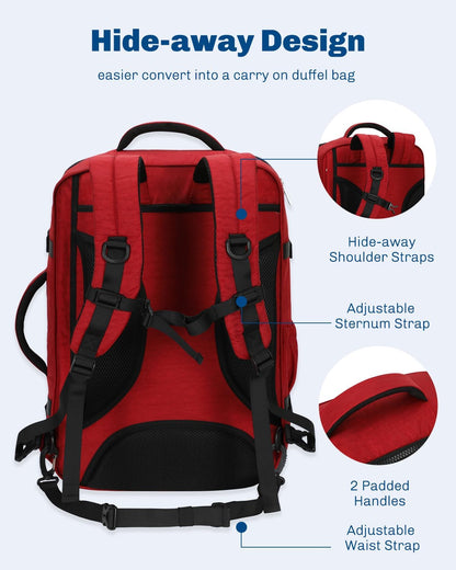 44L Carry on Backpack Airline Approved Travel Backpack for Men Women Large Laptop Backpack 17 inch Nylon Backpack Overnight Weekender Bag Red