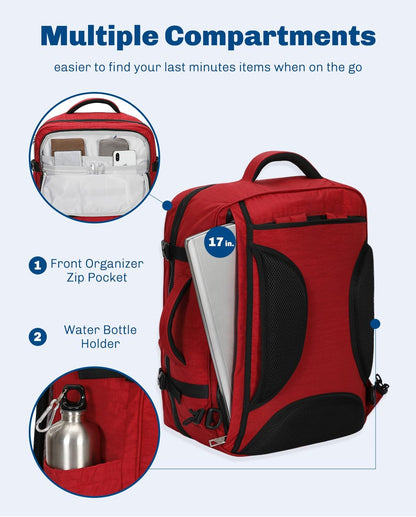 44L Carry on Backpack Airline Approved Travel Backpack for Men Women Large Laptop Backpack 17 inch Nylon Backpack Overnight Weekender Bag Red