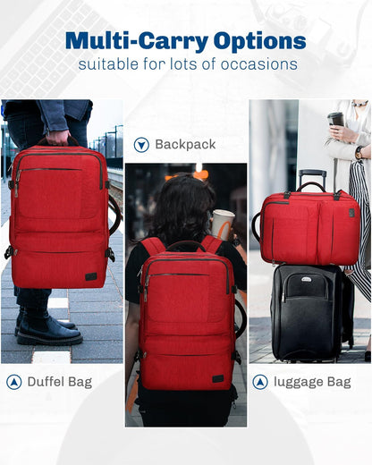 44L Carry on Backpack Airline Approved Travel Backpack for Men Women Large Laptop Backpack 17 inch Nylon Backpack Overnight Weekender Bag Red
