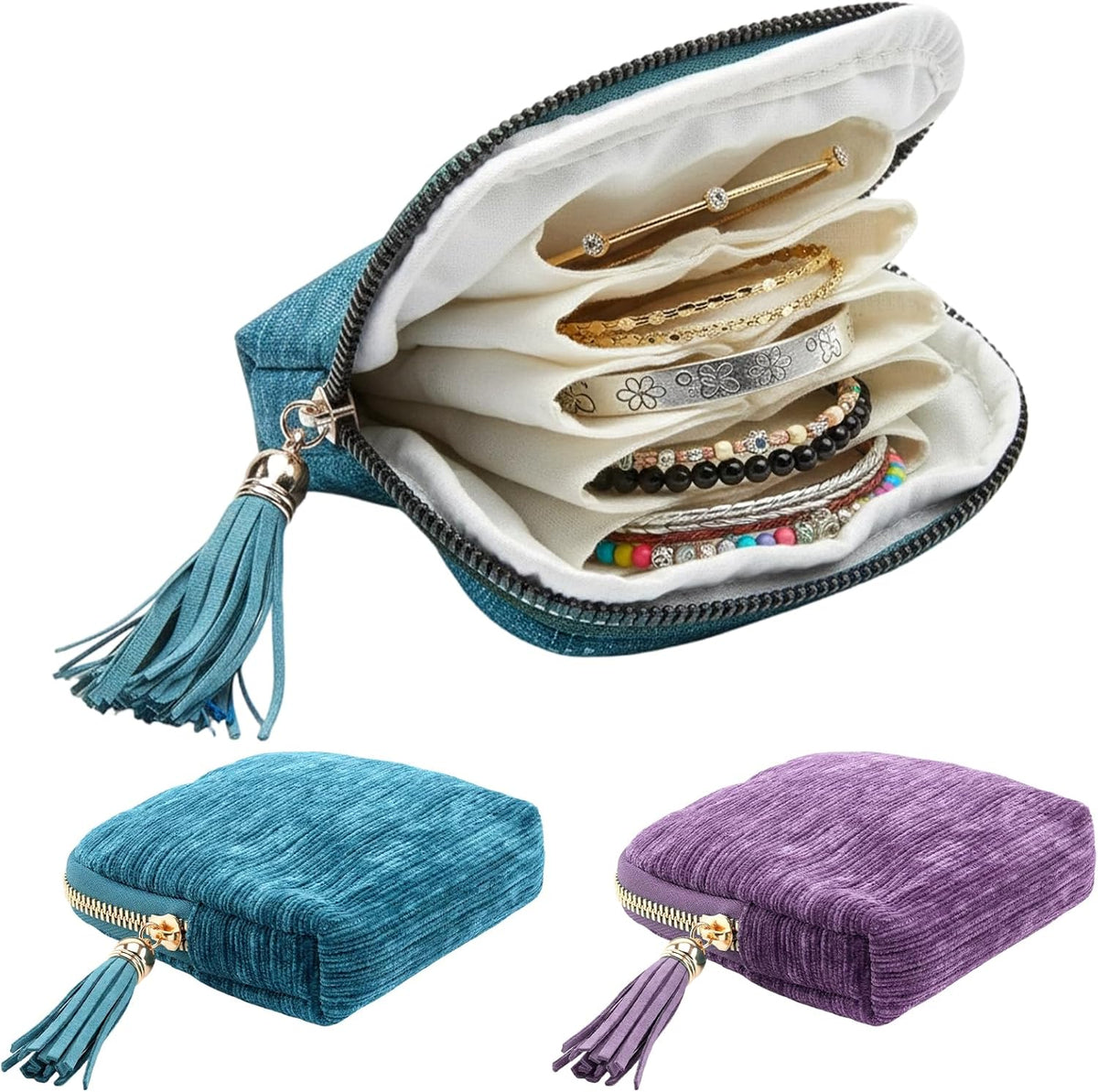 2PCS Travel Jewelry Case Small, Jewelry Pouch for Organizing Accessories, Compact Storage Solution for Travel and Daily Use(Peacock Blue and Taro Purple)