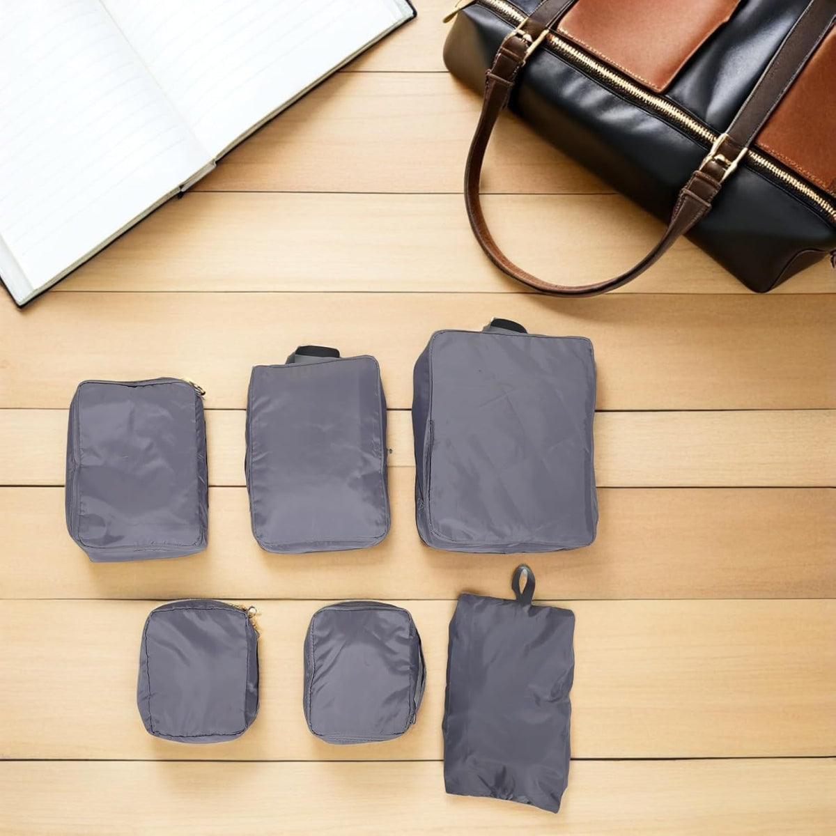 6pcs Travel Packing Cubes Set with Double Zipper, Shoe and Laundry Bags, Gray Memory Fabric Luggage Organizer for Suitcase and Backpack, Lightweight Travel Accessories for Business