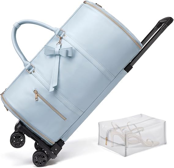 Garment Bags For Travel, Rolling Luxury Duffel Bag with Wheels,3-in-1 Suit Carry on Luggage for Women Business Trip & Travel With Shoe Pouch, Foldable PU Leather Carry On Garment Bag, Blue | Carry on Luggage