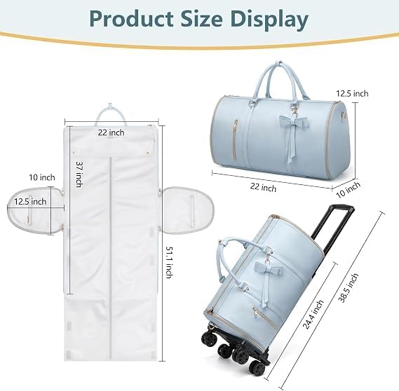 Garment Bags For Travel, Rolling Luxury Duffel Bag with Wheels,3-in-1 Suit Carry on Luggage for Women Business Trip & Travel With Shoe Pouch, Foldable PU Leather Carry On Garment Bag, Blue | Carry on Luggage