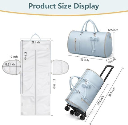 Garment Bags For Travel, Rolling Luxury Duffel Bag with Wheels,3-in-1 Suit Carry on Luggage for Women Business Trip & Travel With Shoe Pouch, Foldable PU Leather Carry On Garment Bag, Blue | Carry on Luggage