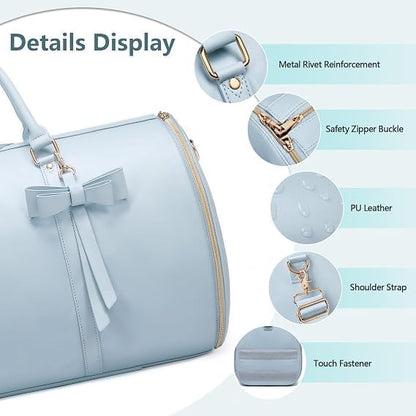 Garment Bags For Travel, Rolling Luxury Duffel Bag with Wheels,3-in-1 Suit Carry on Luggage for Women Business Trip & Travel With Shoe Pouch, Foldable PU Leather Carry On Garment Bag, Blue | Carry on Luggage