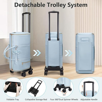 Garment Bags For Travel, Rolling Luxury Duffel Bag with Wheels,3-in-1 Suit Carry on Luggage for Women Business Trip & Travel With Shoe Pouch, Foldable PU Leather Carry On Garment Bag, Blue | Carry on Luggage