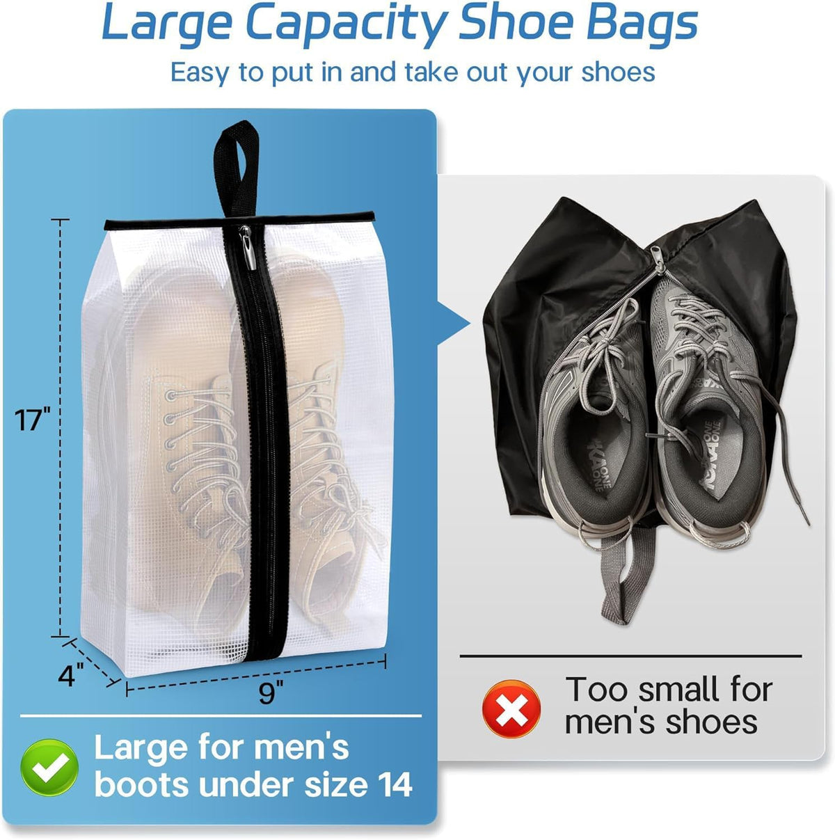 Waterproof Shoe Bags for Travel 4 Pack XX-Large Shoe Storage Bag Clear Sneaker Pouch Portable Boots Organizer with Sturdy Zipper for Men & Women