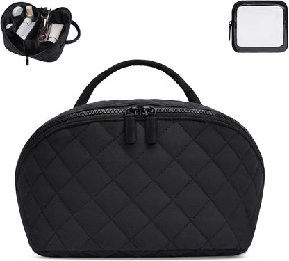 Makeup Bag,Quilted Puffer Cosmetic Bag for Women, 180° Lay-Flat Travel Make up Bag, Waterproof Large Capacity Toiletry Bag with Sturdy Zippers, Portable Makeup Organizer for Travel & Daily Use