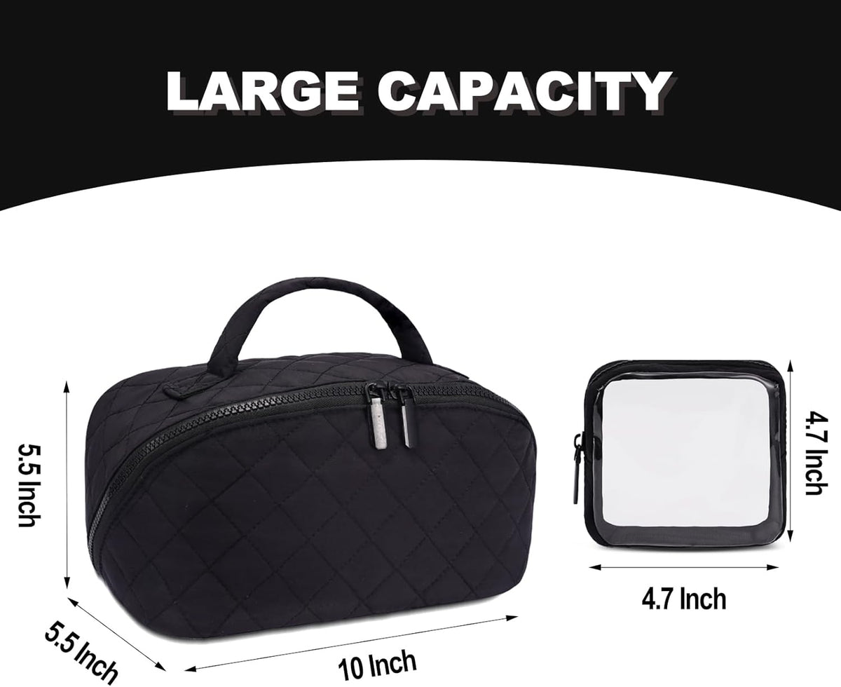 Makeup Bag,Quilted Puffer Cosmetic Bag for Women, 180° Lay-Flat Travel Make up Bag, Waterproof Large Capacity Toiletry Bag with Sturdy Zippers, Portable Makeup Organizer for Travel & Daily Use