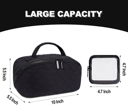 Makeup Bag,Quilted Puffer Cosmetic Bag for Women, 180° Lay-Flat Travel Make up Bag, Waterproof Large Capacity Toiletry Bag with Sturdy Zippers, Portable Makeup Organizer for Travel & Daily Use