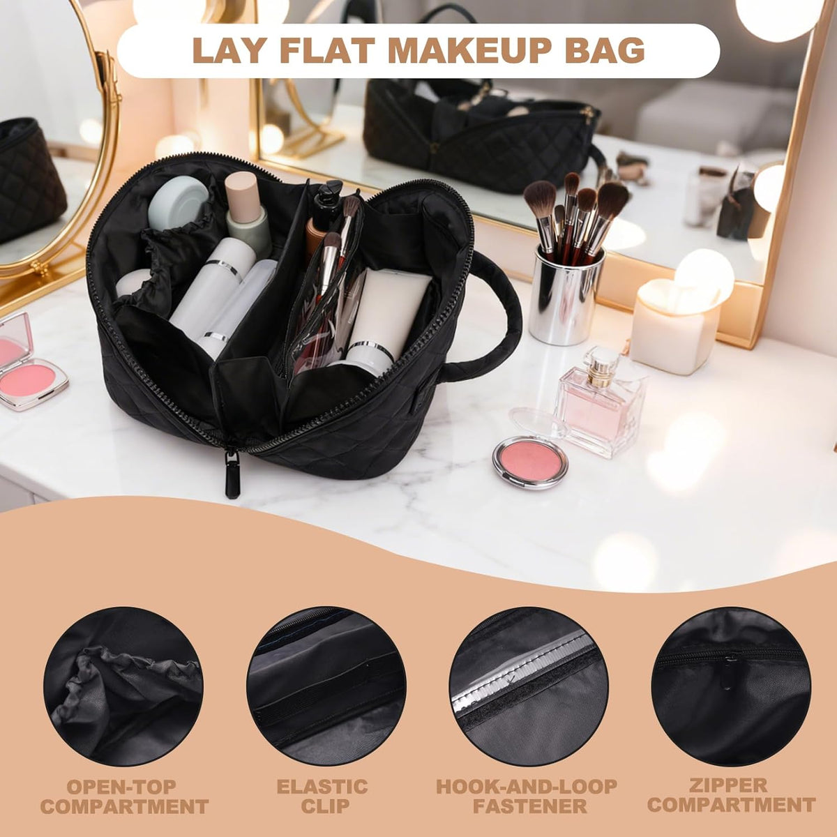 Makeup Bag,Quilted Puffer Cosmetic Bag for Women, 180° Lay-Flat Travel Make up Bag, Waterproof Large Capacity Toiletry Bag with Sturdy Zippers, Portable Makeup Organizer for Travel & Daily Use