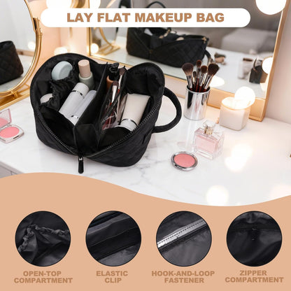 Makeup Bag,Quilted Puffer Cosmetic Bag for Women, 180° Lay-Flat Travel Make up Bag, Waterproof Large Capacity Toiletry Bag with Sturdy Zippers, Portable Makeup Organizer for Travel & Daily Use