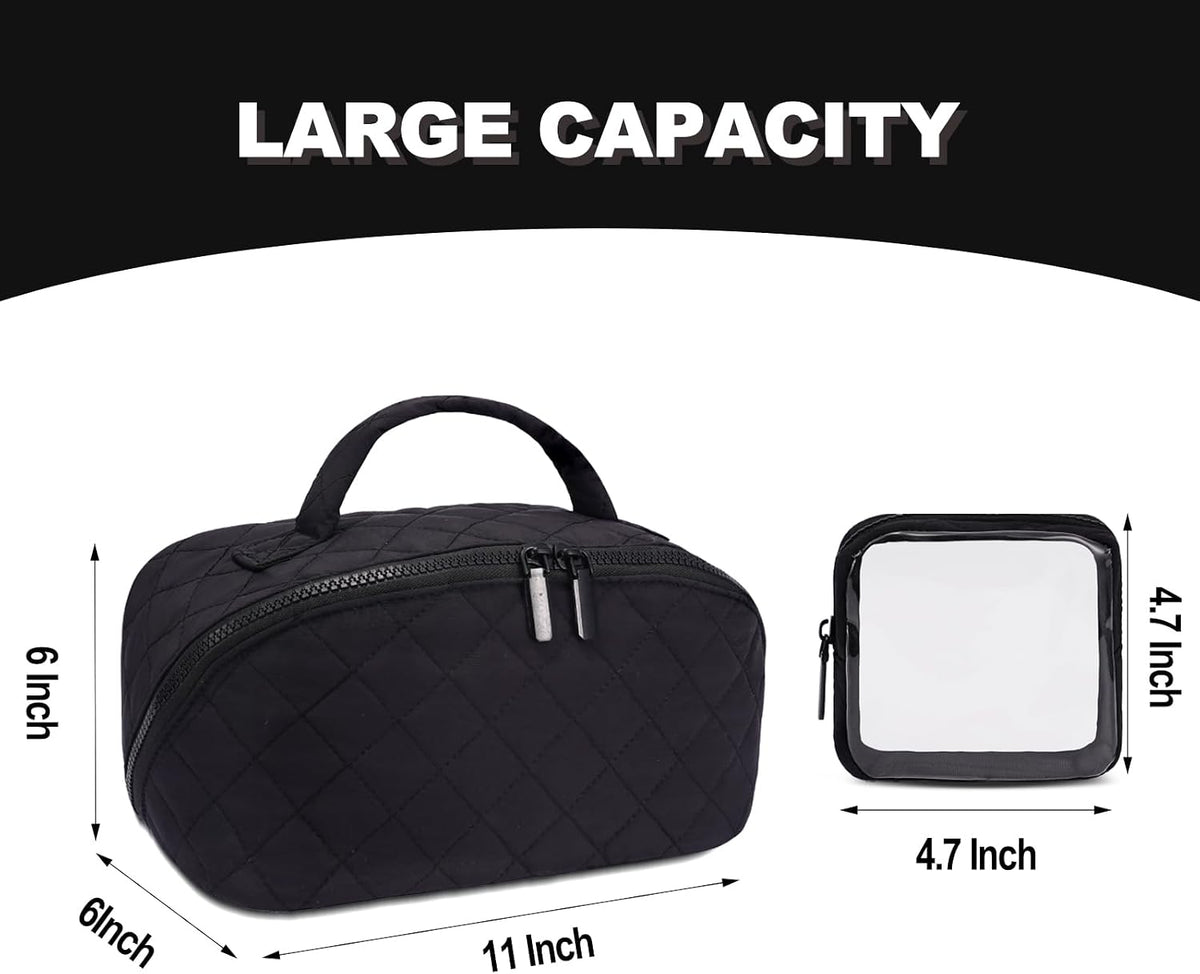 Makeup Bag,Quilted Puffer Cosmetic Bag for Women, 180° Lay-Flat Travel Make up Bag, Waterproof Large Capacity Toiletry Bag with Sturdy Zippers, Portable Makeup Organizer for Travel & Daily Use