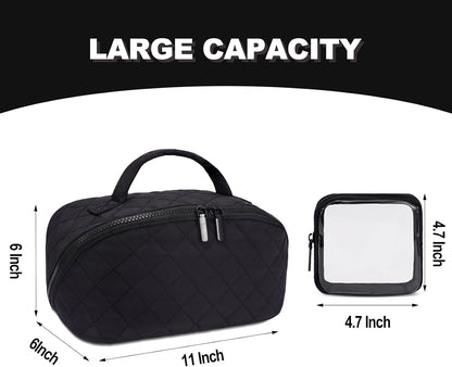 Makeup Bag,Quilted Puffer Cosmetic Bag for Women, 180° Lay-Flat Travel Make up Bag, Waterproof Large Capacity Toiletry Bag with Sturdy Zippers, Portable Makeup Organizer for Travel & Daily Use