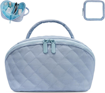 Makeup Bag,Quilted Puffer Cosmetic Bag for Women, 180° Lay-Flat Travel Make up Bag, Waterproof Large Capacity Toiletry Bag with Sturdy Zippers, Portable Makeup Organizer for Travel & Daily Use