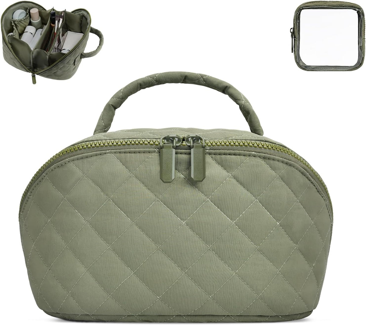 Makeup Bag,Quilted Puffer Cosmetic Bag for Women, 180° Lay-Flat Travel Make up Bag, Waterproof Large Capacity Toiletry Bag with Sturdy Zippers, Portable Makeup Organizer for Travel & Daily Use
